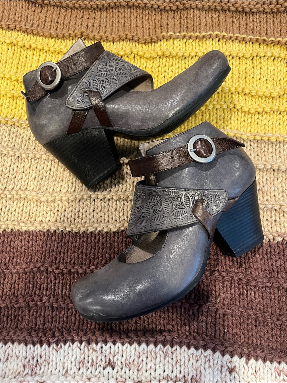 Miz Mooz Gray Leather Ankle Heels with Brown Strap